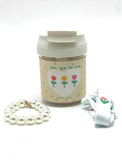 Floral Sleeve Fancy Water Bottle with Pearls - 330 ml