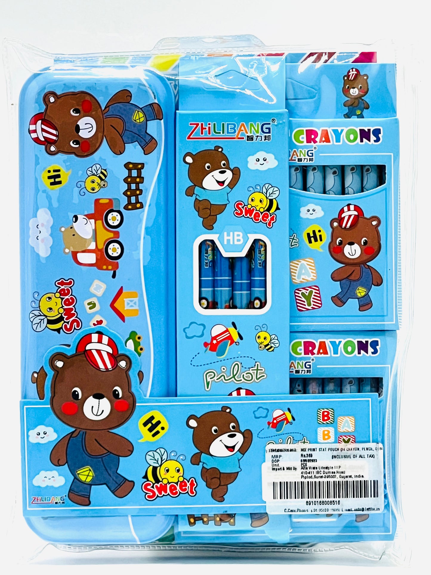 Zhilibang Kids Stationery Combo - Pencil Box + HB Pencils + 24 Crayons Set