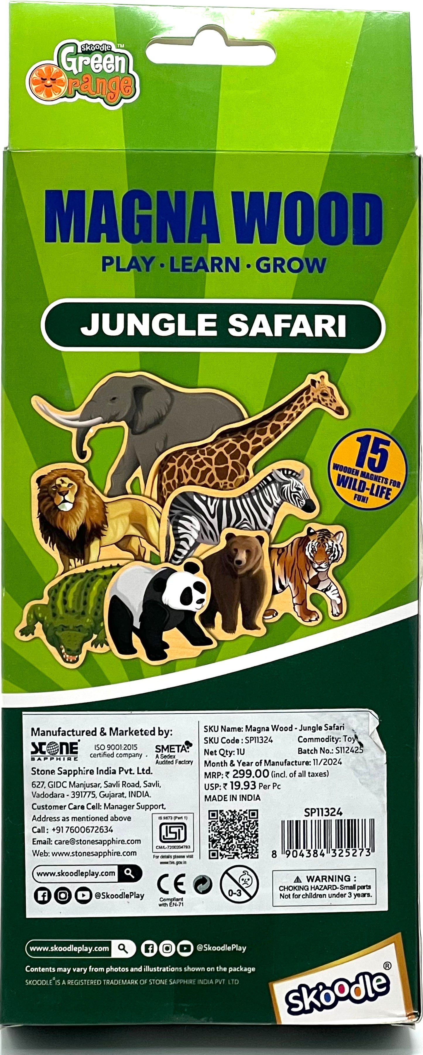 Skoodle Green Orange Magna Wood Jungle Safari 15 Piece Wooden Wildlife Magnetic Set