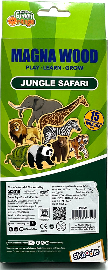 Skoodle Green Orange Magna Wood Jungle Safari 15 Piece Wooden Wildlife Magnetic Set