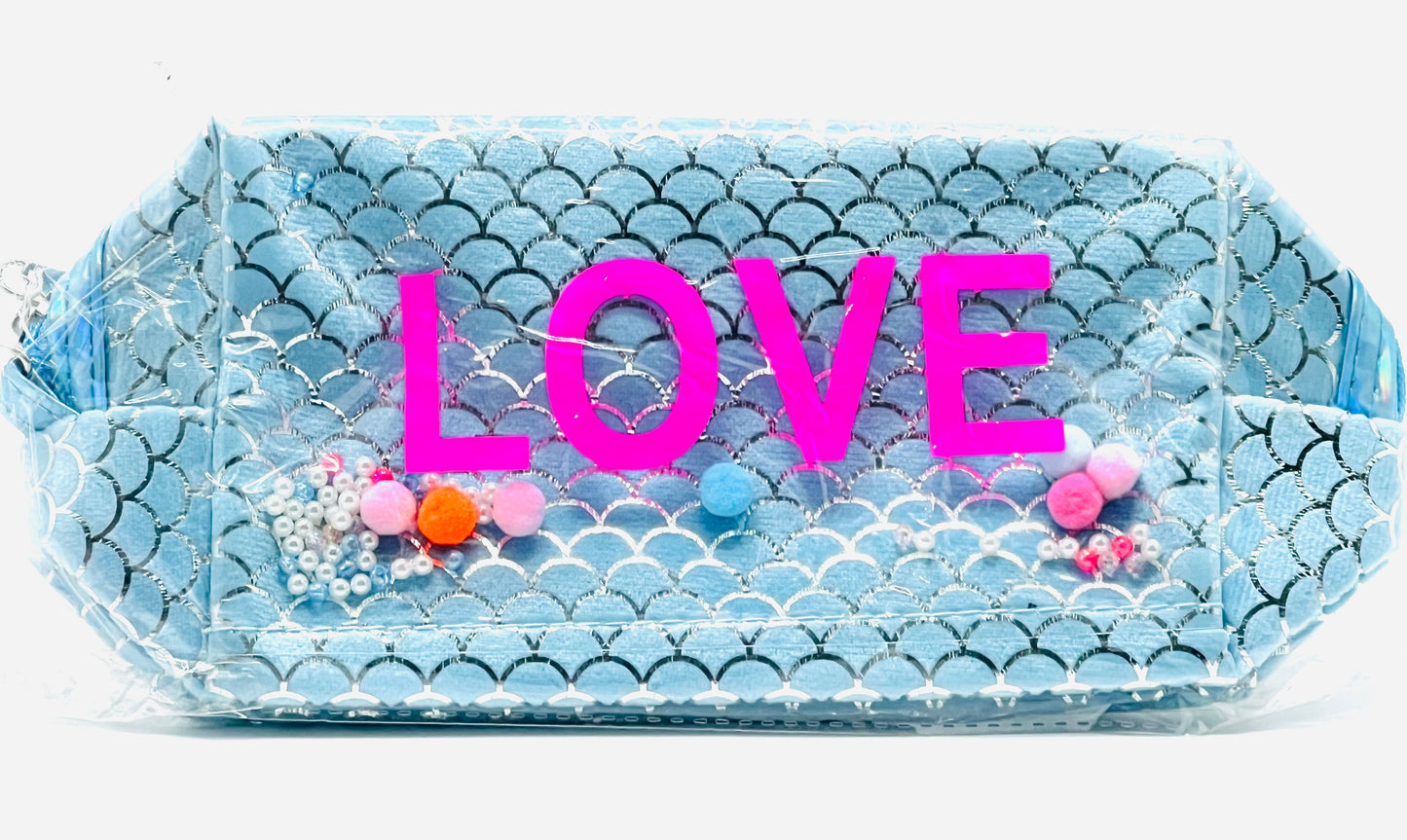 LOVE Mermaid Scale Cosmetic Pouch Blue