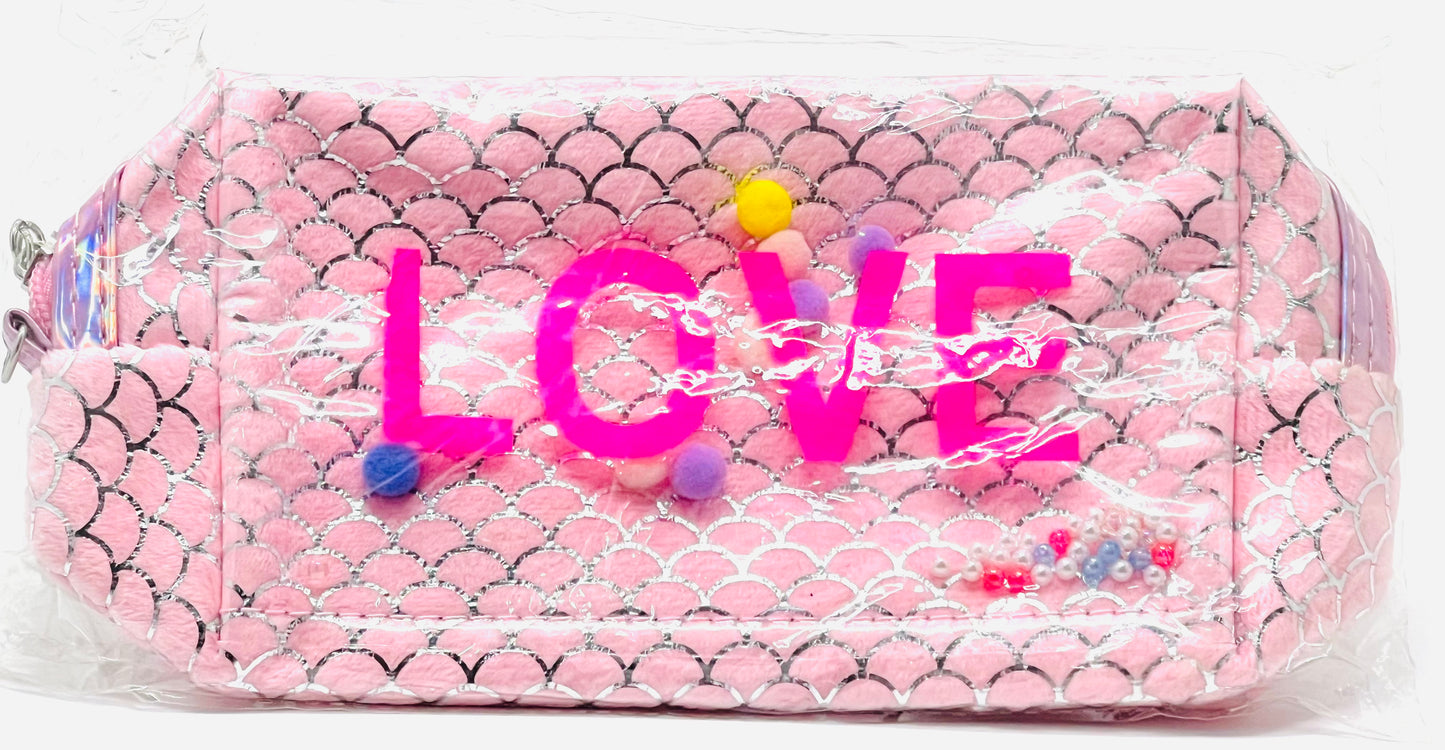LOVE Mermaid Scale Cosmetic Pouch Pink