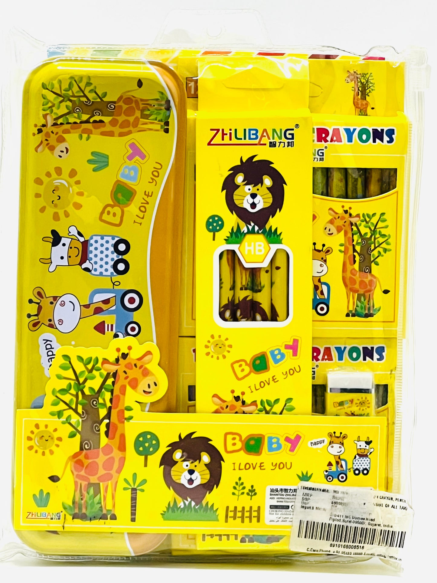 Zhilibang Kids Stationery Combo - Pencil Box + HB Pencils + 24 Crayons Set