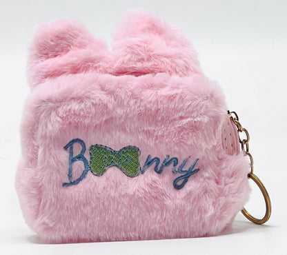 Bunny Embroidered Fur Zipper Pouch with Keyring