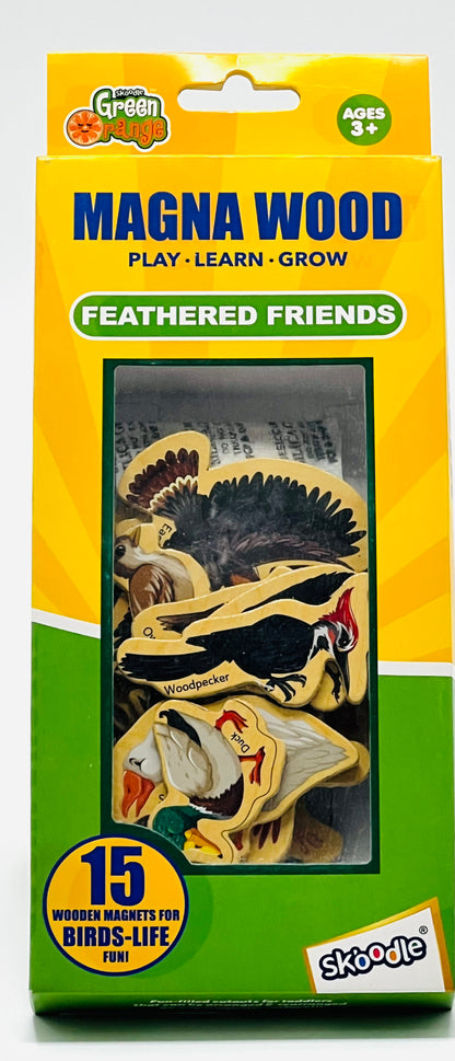 Skoodle Green Orange Magna Wood Feathered Friends 15 Piece Wooden Bird Magnetic Set