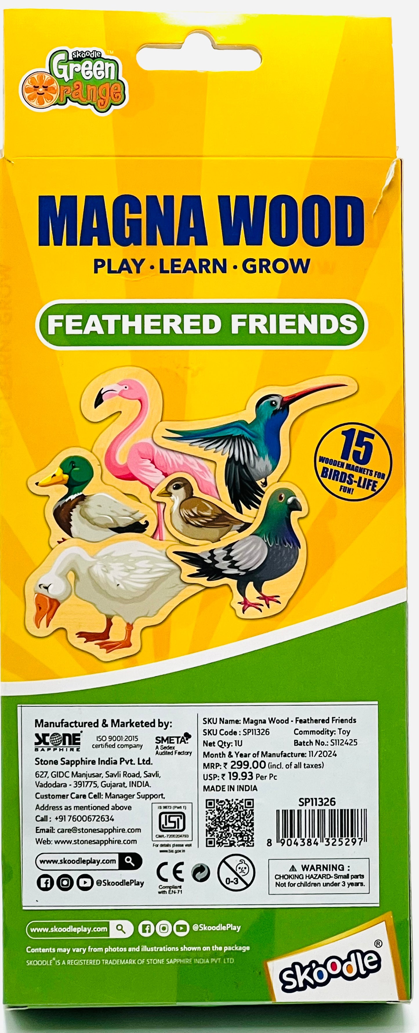 Skoodle Green Orange Magna Wood Feathered Friends 15 Piece Wooden Bird Magnetic Set