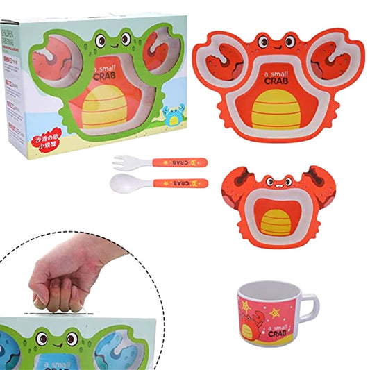 Bamboo Fibre Kids Feeding Set Crab Theme Eco Friendly Crockery Dining Set for Babies, New Born Baby Utensils and Dishes Kids by Decorat-In (Color - Green, Set of 5 Pcs)