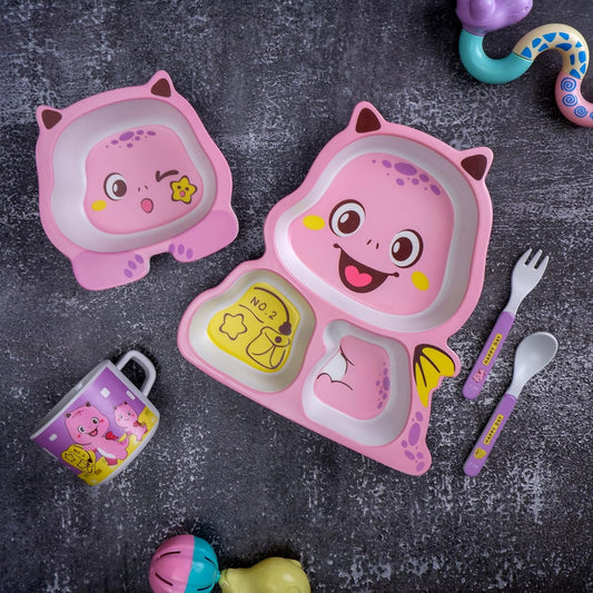 The Bamboo Co ® Kids/Baby Feeding/Dinner Set of 5 | Made of Bamboo| Kids Crockery Set Tableware |Baby Utensils and Dishes Set | Eco-Friendly |Organic & Natural (Pink Pterosaur)