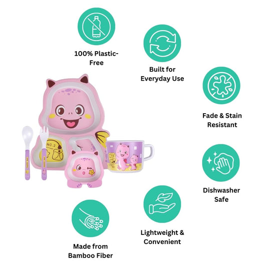 The Bamboo Co ® Kids/Baby Feeding/Dinner Set of 5 | Made of Bamboo| Kids Crockery Set Tableware |Baby Utensils and Dishes Set | Eco-Friendly |Organic & Natural (Pink Pterosaur)