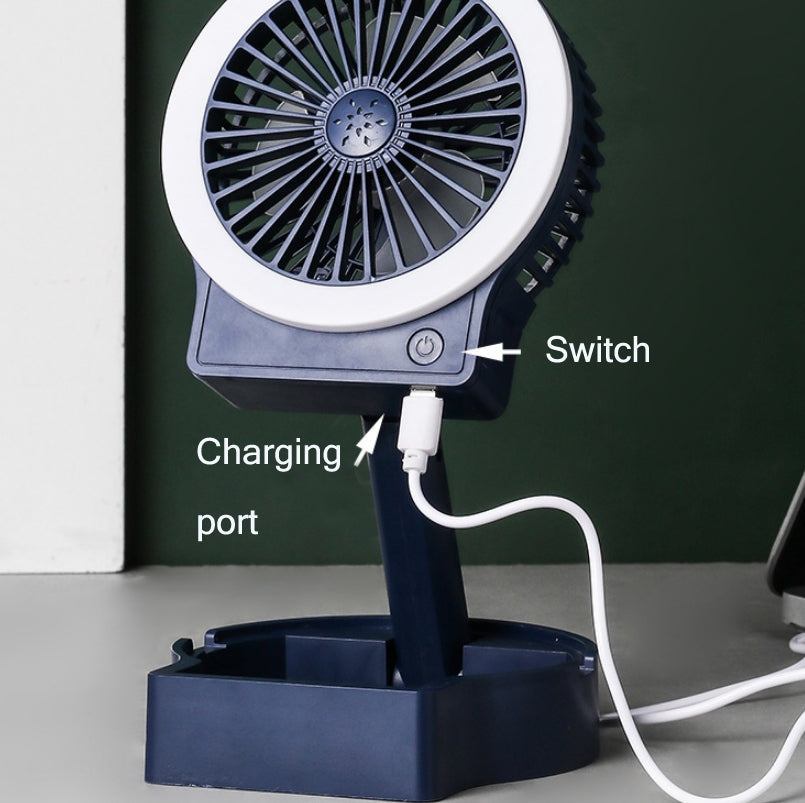 USB Charging Folding Fan With Lamp Student Bedside Table Fan With Mobile Phone Holder(Starry Sky)