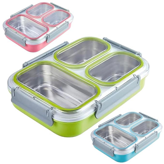 Elecart 3-Compartment Stainless Steel Insulated Lunch Box | Leak-Proof Bento Tiffin Box with Silicone Gasket Lid for Office, School, Travel | BPA-Free, Microwave & Freezer Safe (Pack 1 Random Colour)
