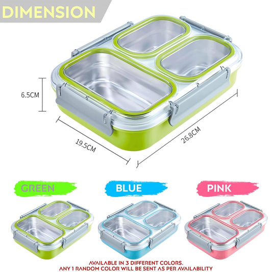 Elecart 3-Compartment Stainless Steel Insulated Lunch Box | Leak-Proof Bento Tiffin Box with Silicone Gasket Lid for Office, School, Travel | BPA-Free, Microwave & Freezer Safe (Pack 1 Random Colour)