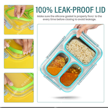 Elecart 3-Compartment Stainless Steel Insulated Lunch Box | Leak-Proof Bento Tiffin Box with Silicone Gasket Lid for Office, School, Travel | BPA-Free, Microwave & Freezer Safe (Pack 1 Random Colour)