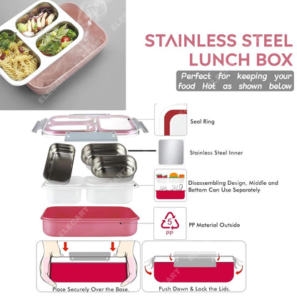 Elecart 3-Compartment Stainless Steel Insulated Lunch Box | Leak-Proof Bento Tiffin Box with Silicone Gasket Lid for Office, School, Travel | BPA-Free, Microwave & Freezer Safe (Pack 1 Random Colour)