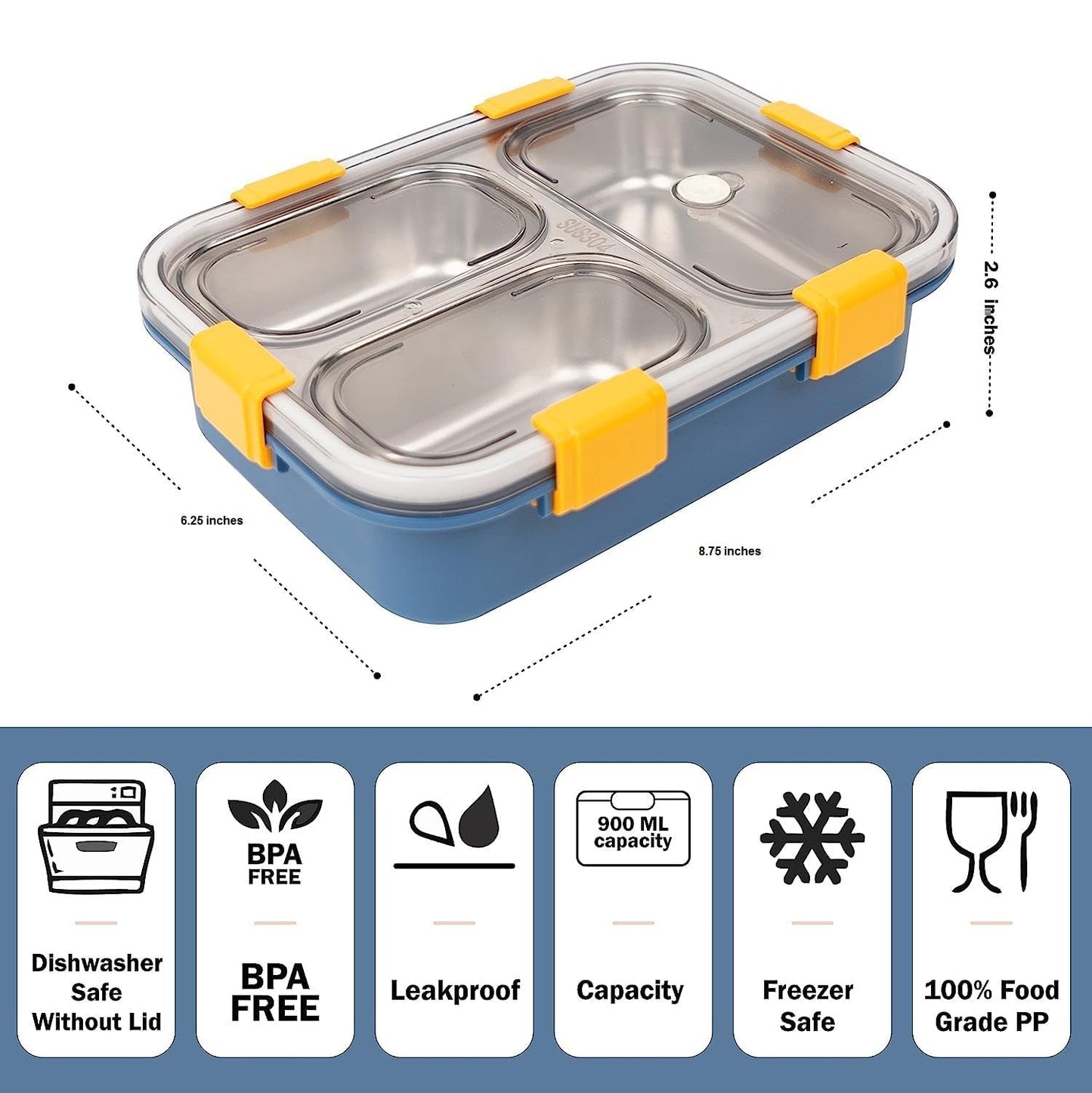 Prime Deals Leak-Proof Stainless Steel Lunch Box – 3 Compartment (750 ml, Blue)