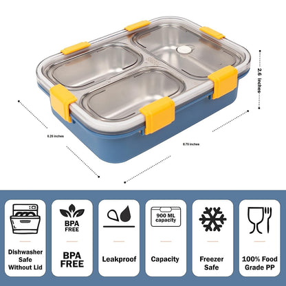 Prime Deals Leak-Proof Stainless Steel Lunch Box – 3 Compartment (750 ml, Blue)