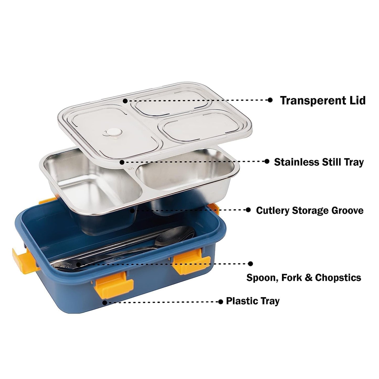 Prime Deals Leak-Proof Stainless Steel Lunch Box – 3 Compartment (750 ml, Blue)