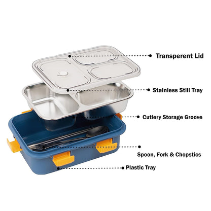 Prime Deals Leak-Proof Stainless Steel Lunch Box – 3 Compartment (750 ml, Blue)