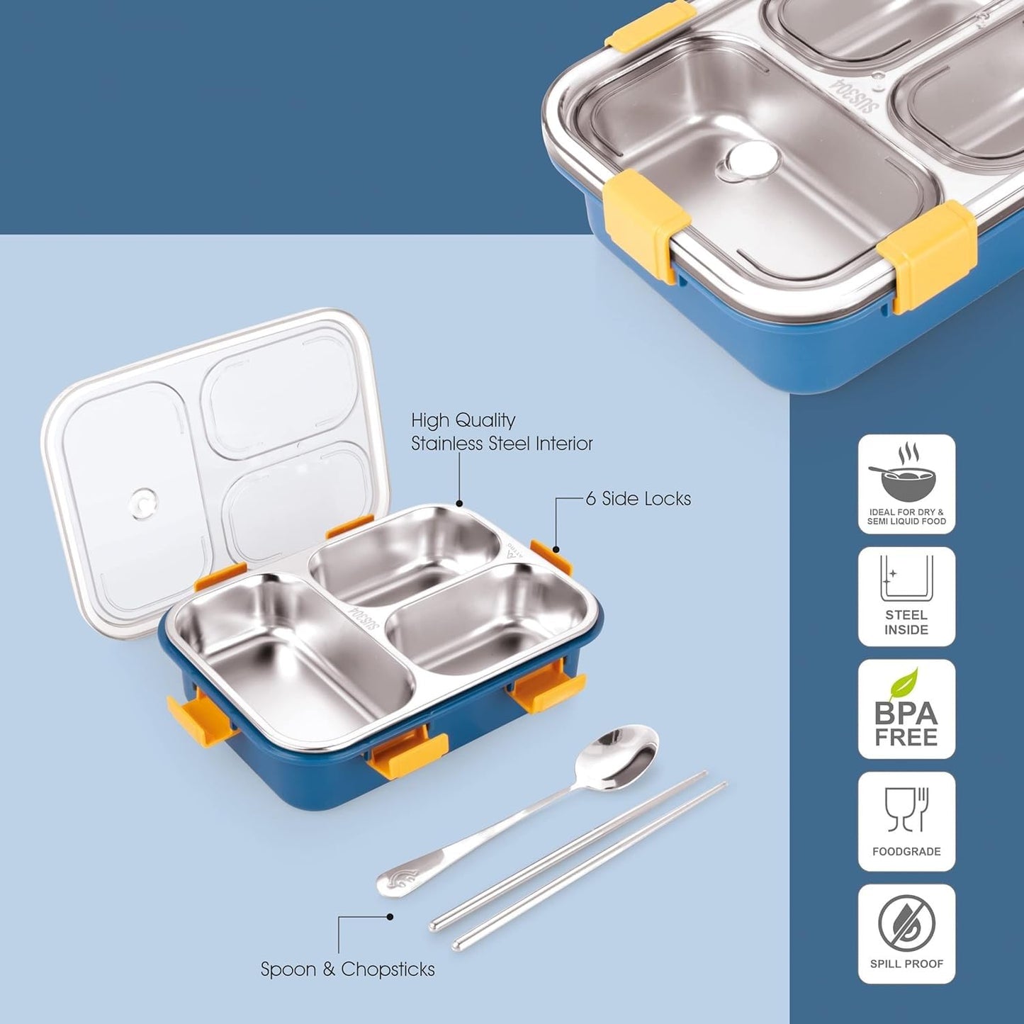 Prime Deals Leak-Proof Stainless Steel Lunch Box – 3 Compartment (750 ml, Blue)