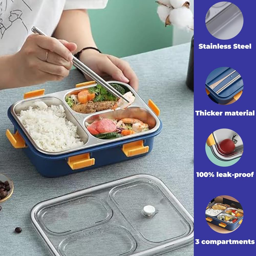 Prime Deals Leak-Proof Stainless Steel Lunch Box – 3 Compartment (750 ml, Blue)