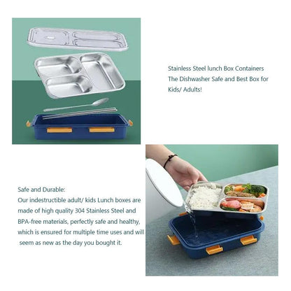 Prime Deals Leak-Proof Stainless Steel Lunch Box – 3 Compartment (750 ml, Blue)