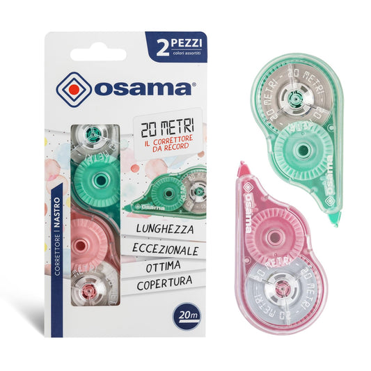 OSAMA - Bianchetto Ribbon, 2 Pieces, 20 Meters - Concealer Tape Ideal for School, Office and University Stationery, Sliding and Covering, Pastel Colors