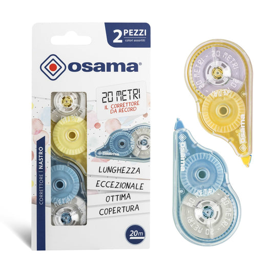 OSAMA - Bianchetto Ribbon, 2 Pieces, 20 Meters - Concealer Tape Ideal for School, Office and University Stationery, Sliding and Covering, Pastel Colors