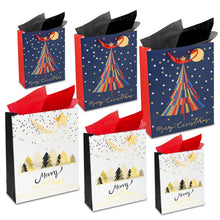 Christmas Gift Bags Set of 6 - Holiday Trees Design with Tissue Paper and Tag