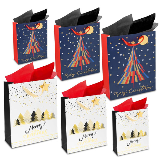 Christmas Gift Bags - Sturdy Paper Gift Bags with Tissue Paper, Tag and Handle - Holiday Trees Design - Ideal Party Favors and Gifting this Christmas Holiday Season (Set of 6 Assorted Bags in Small
