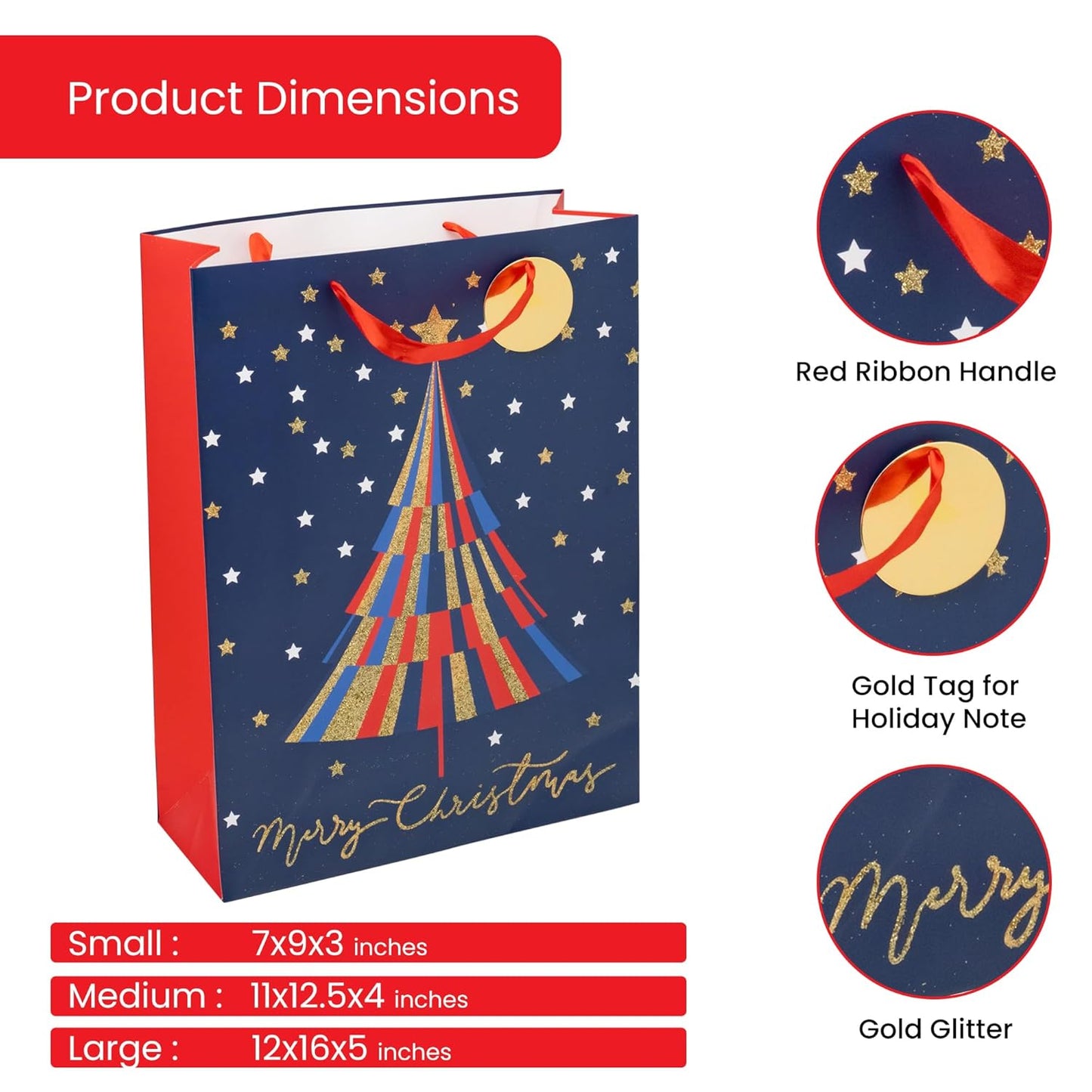 Christmas Gift Bags Set of 6 - Holiday Trees Design with Tissue Paper and Tag