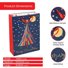 Christmas Gift Bags Set of 6 - Holiday Trees Design with Tissue Paper and Tag