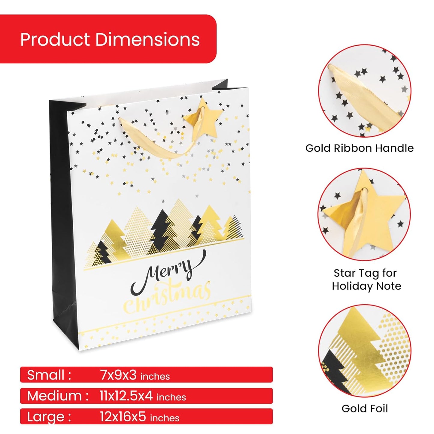Christmas Gift Bags Set of 6 - Holiday Trees Design with Tissue Paper and Tag