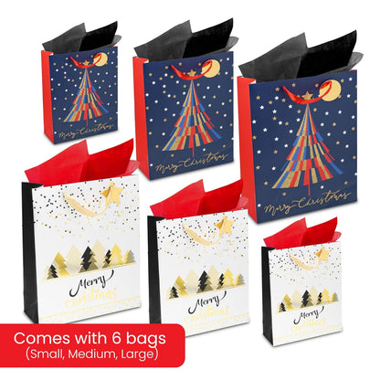 Christmas Gift Bags Set of 6 - Holiday Trees Design with Tissue Paper and Tag