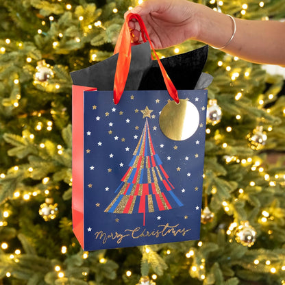 Christmas Gift Bags Set of 6 - Holiday Trees Design with Tissue Paper and Tag