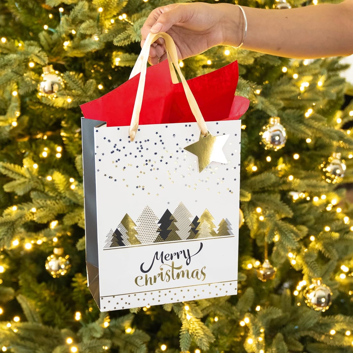 Christmas Gift Bags Set of 6 - Holiday Trees Design with Tissue Paper and Tag