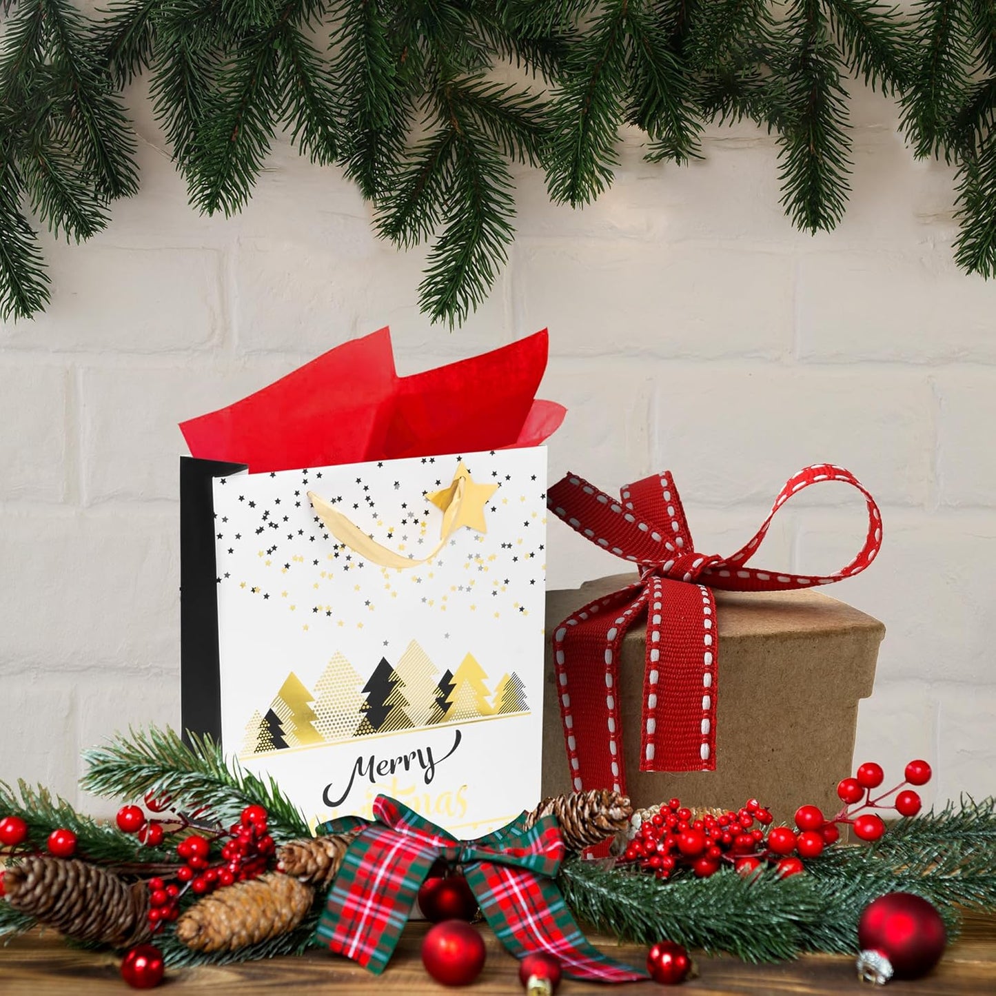 Christmas Gift Bags Set of 6 - Holiday Trees Design with Tissue Paper and Tag