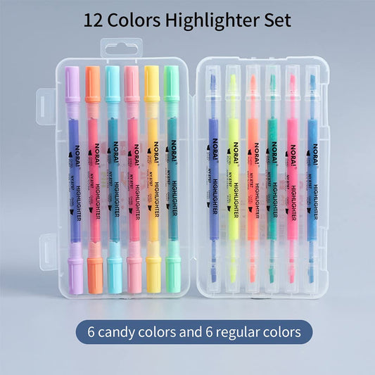 Decdeal 12 Colors Dual Tip Highlighter Pens Chisel Tips Art Marker Pen for Children Students Adults Drawing Journaling Office Home School Supplies