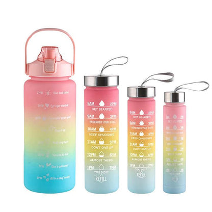 4 in 1 Water Bottle with Motivational Time Marker, Leakproof Durable BPA Free Non-Toxic Water bottle for office, gym, school (Multi color) with free peel & stick toy