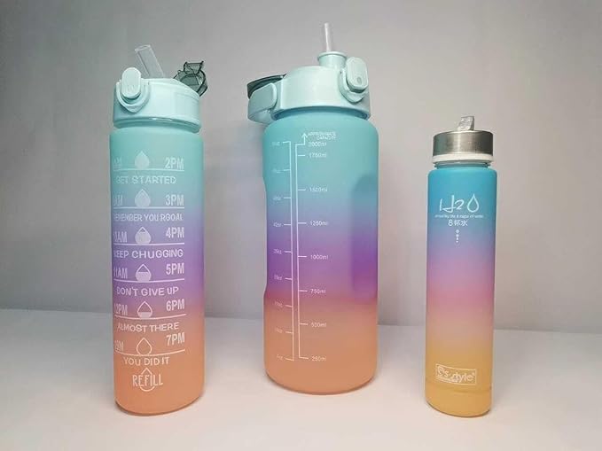 4 in 1 Water Bottle with Motivational Time Marker, Leakproof Durable BPA Free Non-Toxic Water bottle for office, gym, school (Multi color) with free peel & stick toy