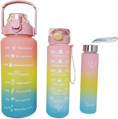 4 in 1 Water Bottle with Motivational Time Marker, Leakproof Durable BPA Free Non-Toxic Water bottle for office, gym, school (Multi color) with free peel & stick toy