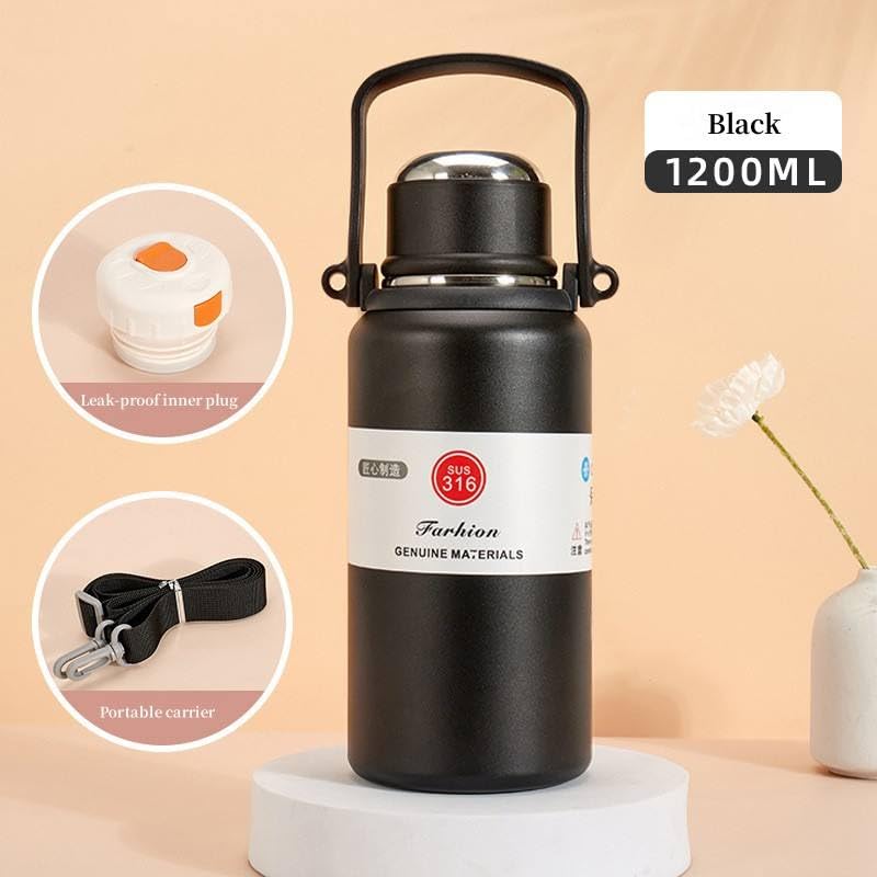 Water Bottle Hot And Cold, Stainless Steel Airtight Thermos Insulated,Bpa-Free Hot And Cold Water Bottle, Office, Travel, Gym, Sport, Yoga (1200 Ml, Black)