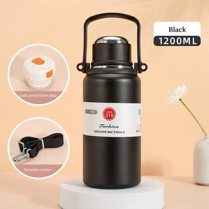 Water Bottle Hot And Cold, Stainless Steel Airtight Thermos Insulated,Bpa-Free Hot And Cold Water Bottle, Office, Travel, Gym, Sport, Yoga (1200 Ml, Black)