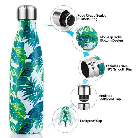 Lalafancy 500ml Stainless Steel Vacuum Flask Water Bottle, Ultimate Insulated Colorful Double Walled Drinks Flasks Bottles Sports - Keep 12 Hours Hot & 24 Hours Cold - BPA Free - Banana Leaf