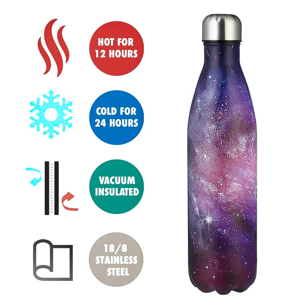 MELANIE'S POWER 34oz Galaxy Vacuum Insulated Water Bottle 500ml Children Double Wall Stainless Steel Bottle Leak Proof Hot & Cold Sports Drinks Bottle for Camping Cycling(Galaxy Purple)
