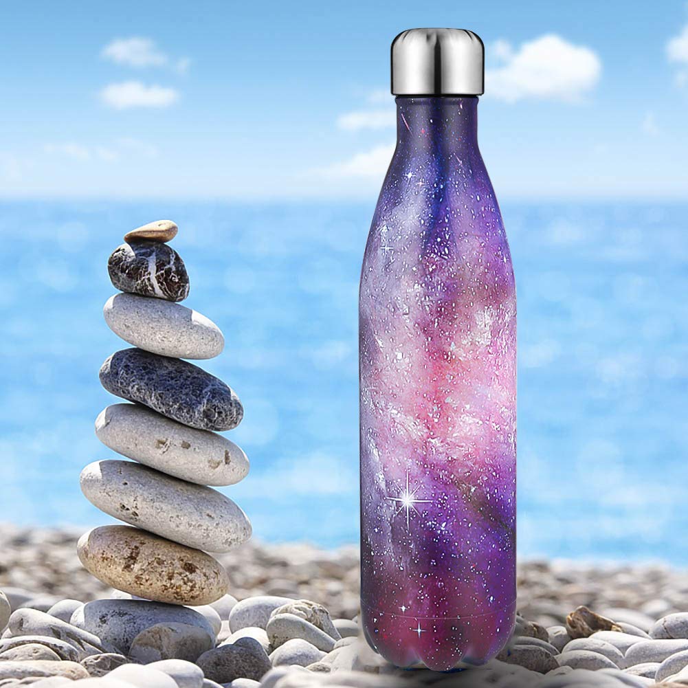 MELANIE'S POWER 34oz Galaxy Vacuum Insulated Water Bottle 500ml Children Double Wall Stainless Steel Bottle Leak Proof Hot & Cold Sports Drinks Bottle for Camping Cycling(Galaxy Purple)