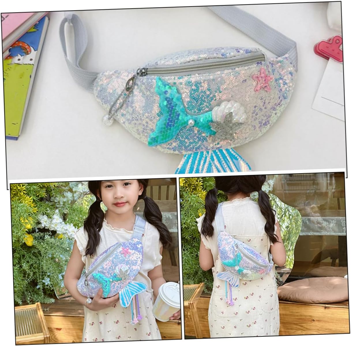 CALLARON Girl's Fashionable Sequin Chest Bag Mermaid Boys and Girls Fanny Pack Adorable Cartoon Design Sparkling Accents for Outings