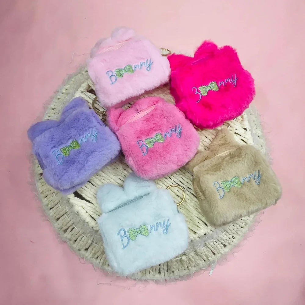 Embroidered Fur Kids Dark Pink Pouch Purse, Zipper