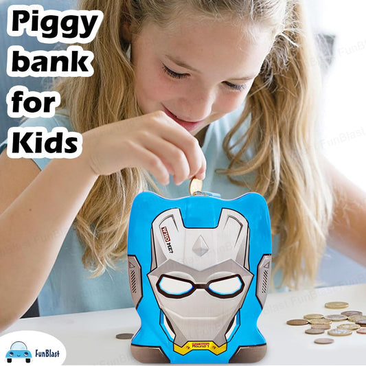 FunBlast Piggy Bank - Money Saving Tin Coin Bank with Lock and Key, Cartoon Coin Box for Kids, Boys, Girls, Piggy Bank for Kids, Money Box for Boys, Birthday Return Gift (Blue)
