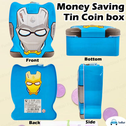 FunBlast Piggy Bank - Money Saving Tin Coin Bank with Lock and Key, Cartoon Coin Box for Kids, Boys, Girls, Piggy Bank for Kids, Money Box for Boys, Birthday Return Gift (Blue)