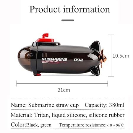 BUDBAK Submarine Shaped Water Bottle for Kids, Anti-Leak Kids Cartoon Water Bottle, 380 ML Tritan Water Bottle for Kids, Stylish Water Bottle with Sipper for Boys & Girls (Black)